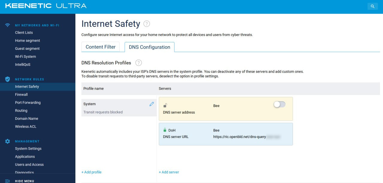 Setup OpenBLD.net on Keenetic DoH DNS settings